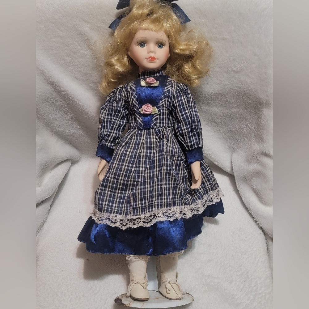 KC Vintage Porcelain Doll with Blue Plaid Dress